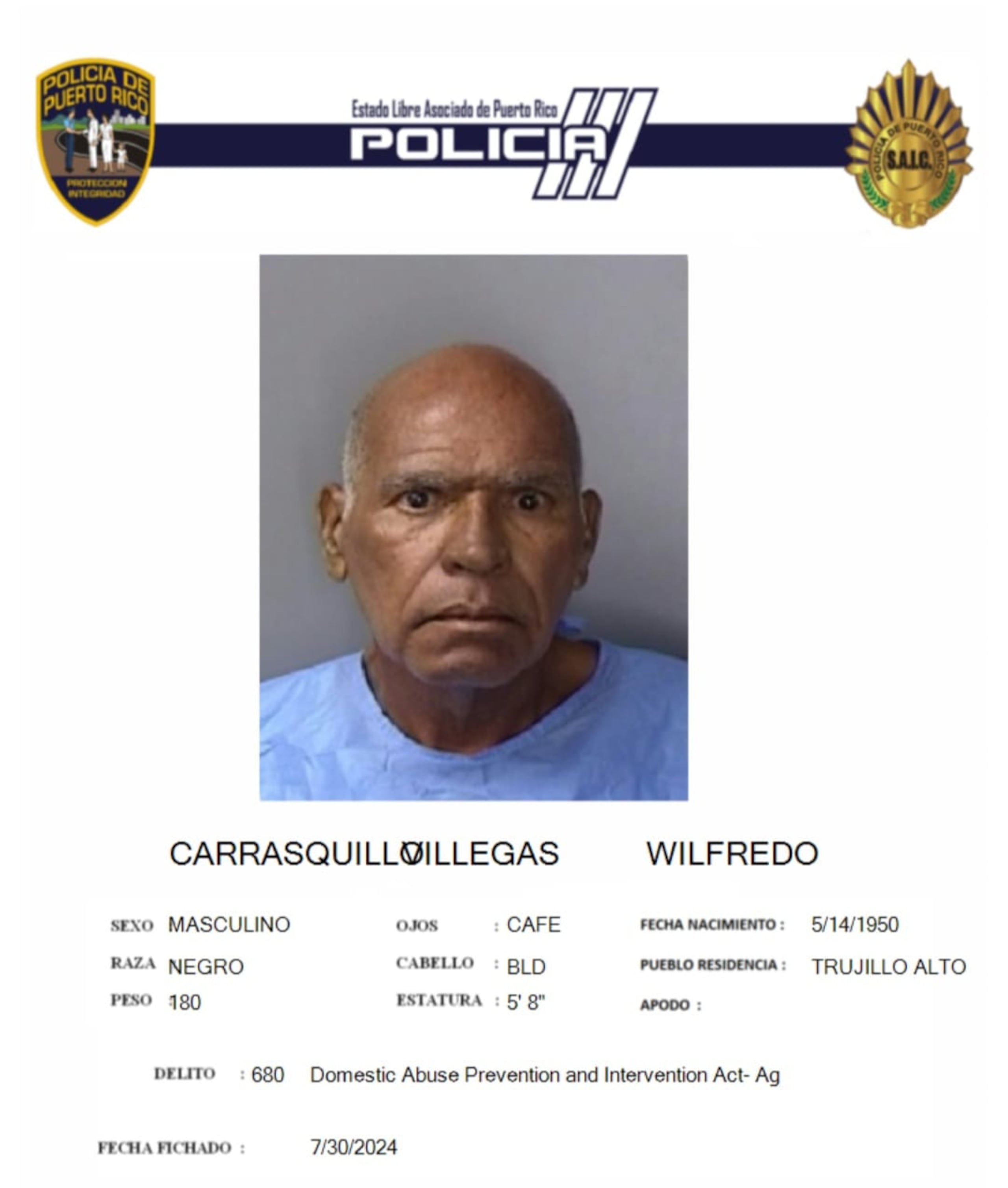 Wilfredo Carrasquillo Villegas fue acusado por agredir con un cuchillo a su esposa, hija y nieto, en Trujillo Alto.