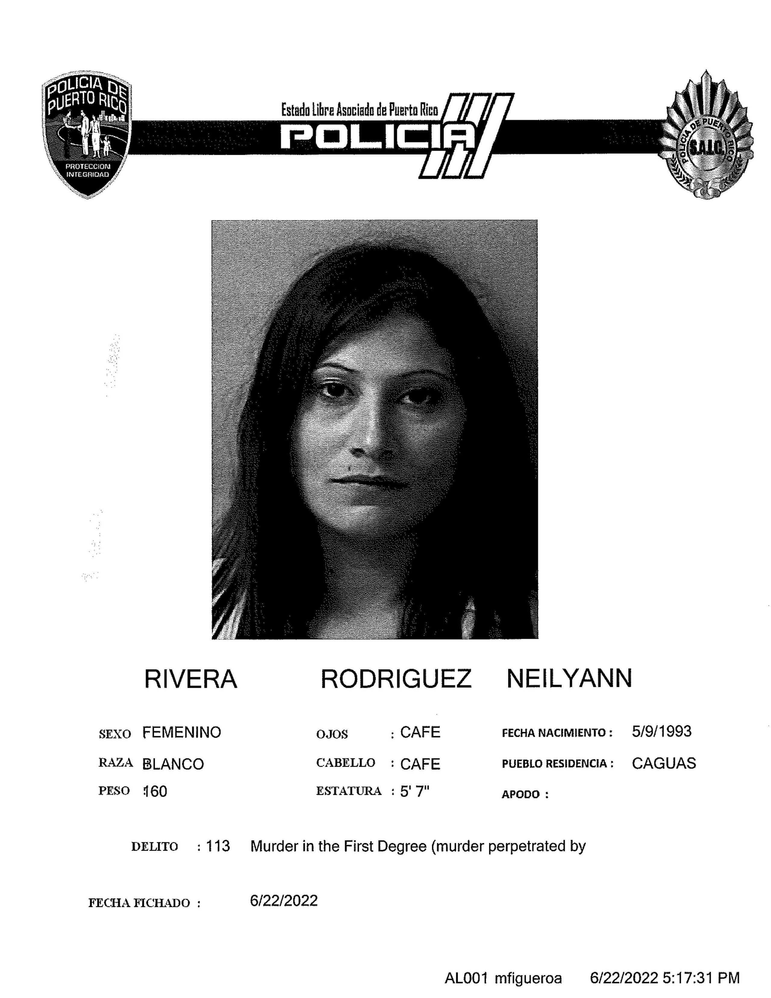 Ficha suministrada por la Policía de Neilyann Rivera Rodríguez