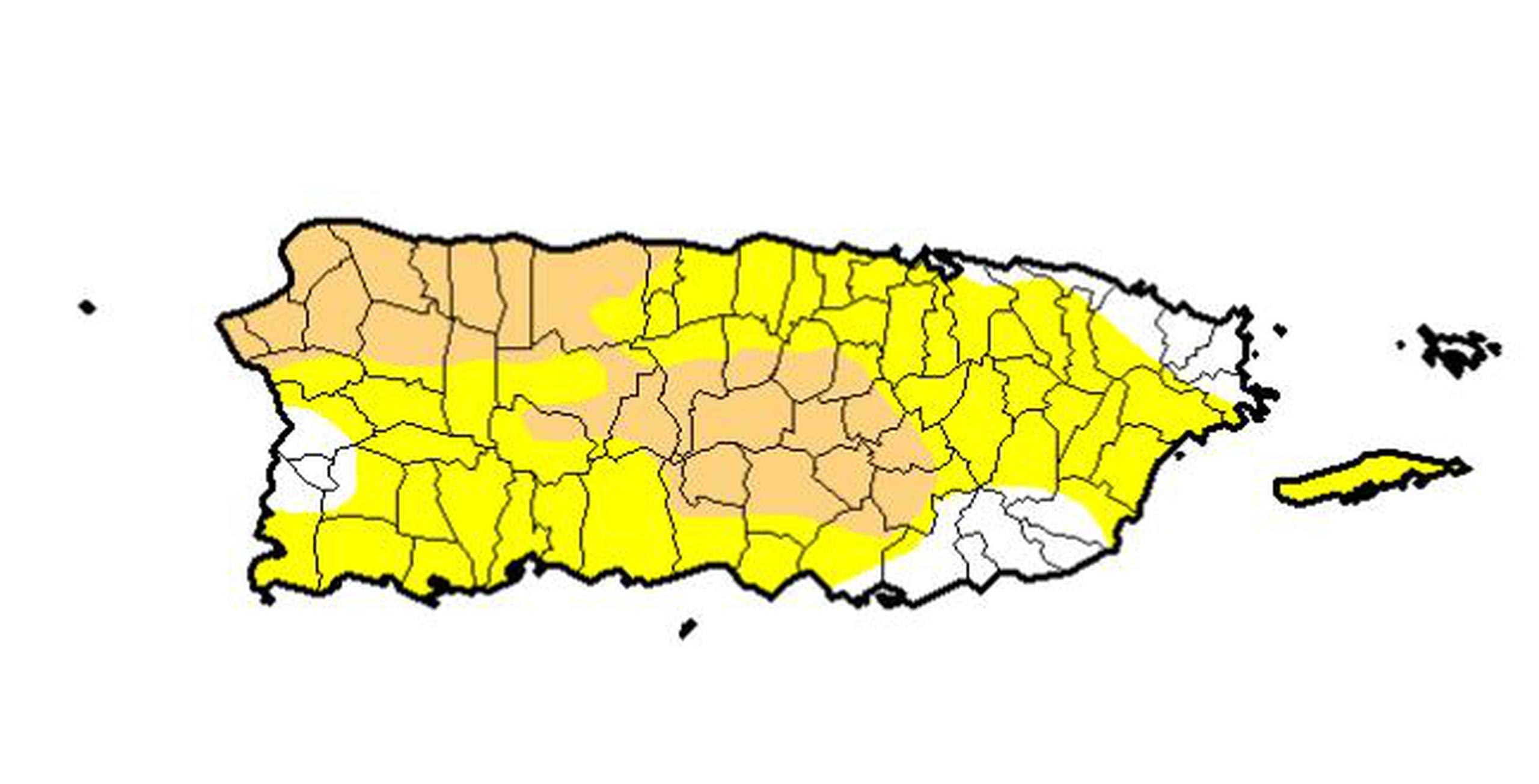 Los pueblos en crema están bajo sequía moderada y los amarillos están atípicamente secos. (Captura / Monitor de Sequía) 