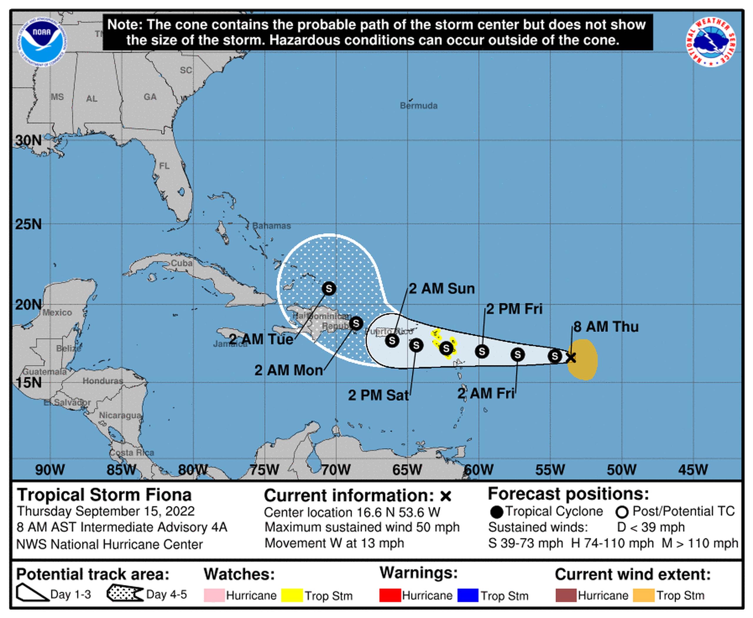 Pronóstico de la tormenta tropical Fiona emitido a las 8:00 de la mañana del 15 de septiembre de 2022.