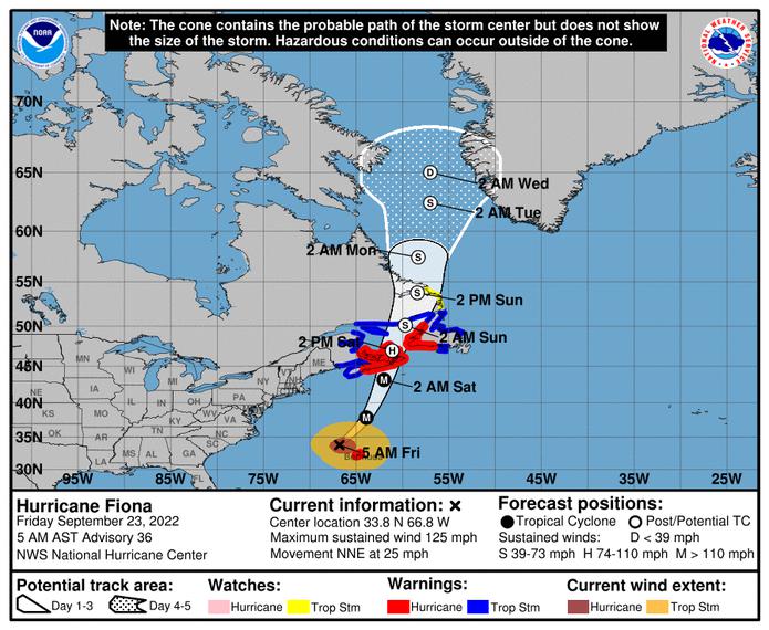 Pronóstico del huracán Fiona emitido a las 5:00 de la mañana del 23 de septiembre de 2022.