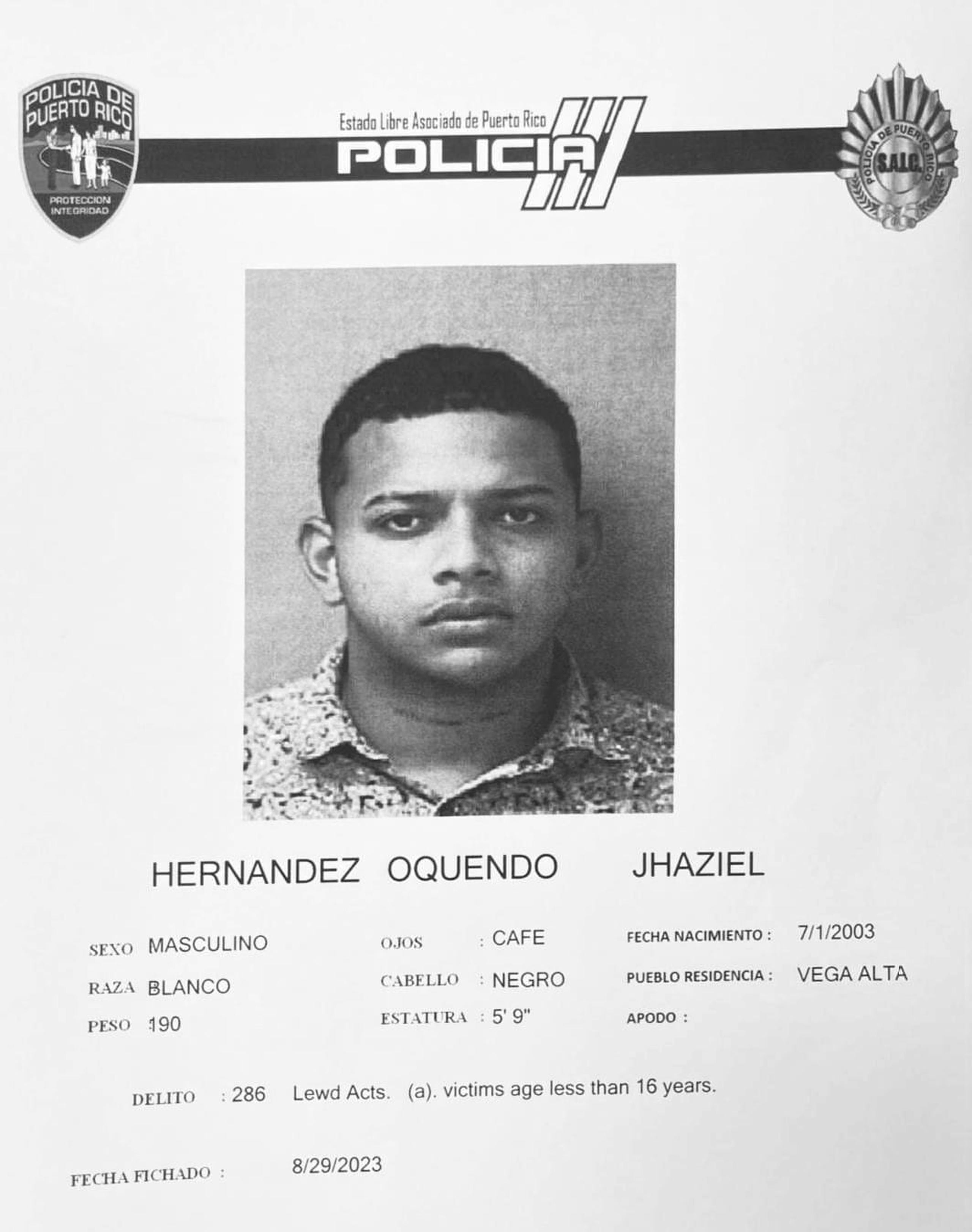 Jhaziel Hernández Oquendo enfrenta cargos por actos lascivos contra una niña.
