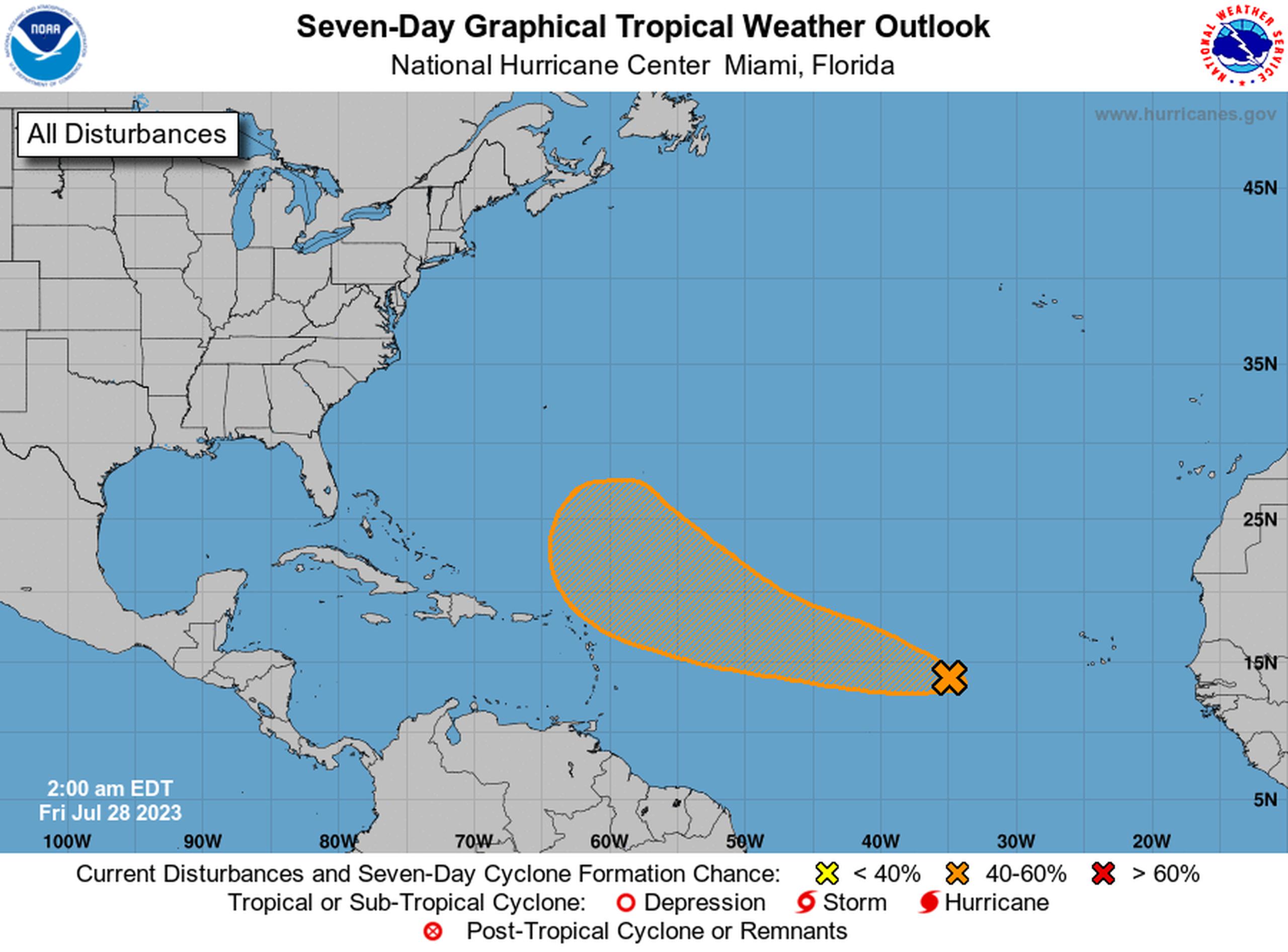 Onda tropical con potencial ciclónico en el océano Atlántico el 28 de julio de 2023.