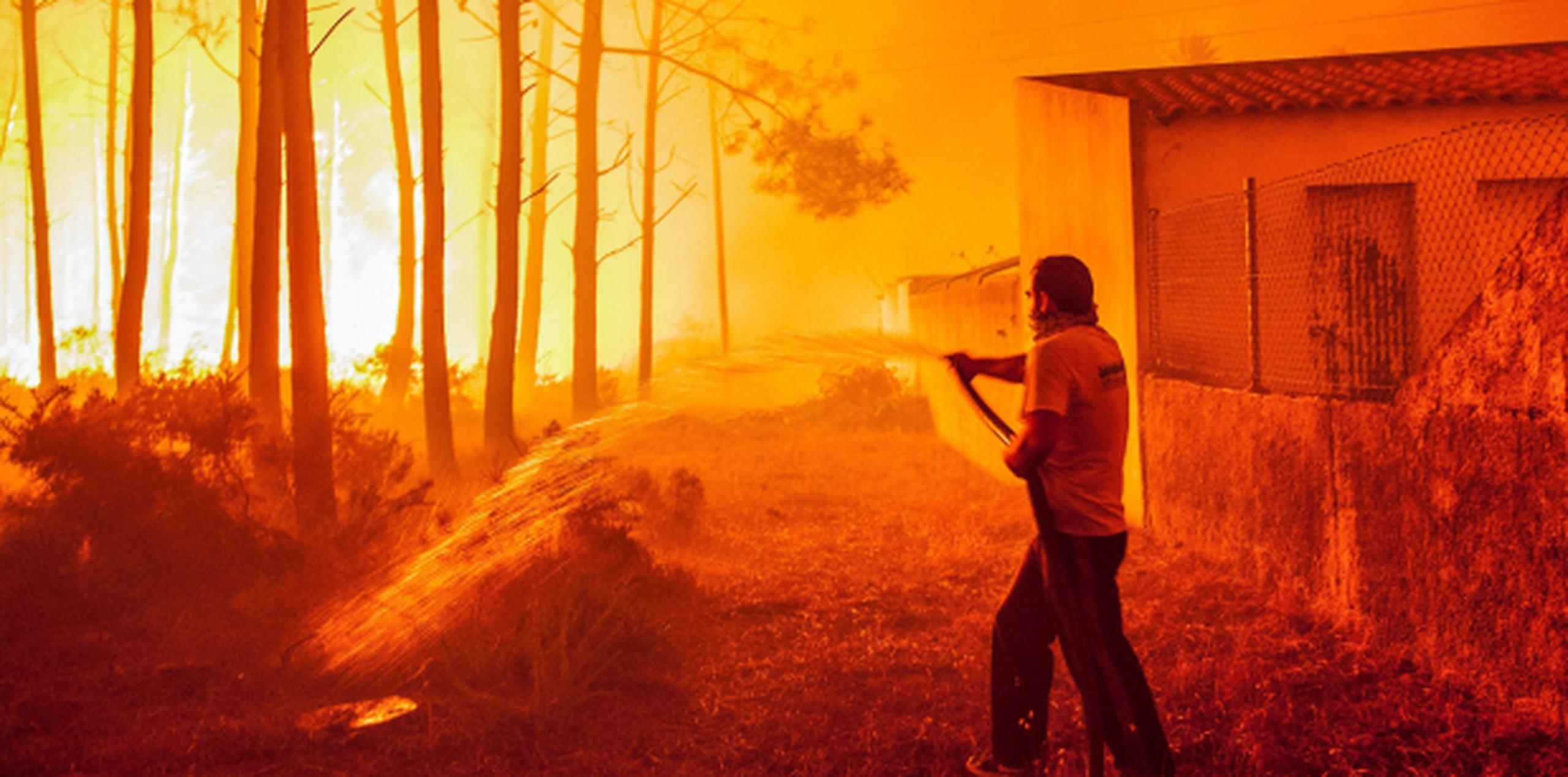 Un hombre lucha desesperadamente contra las llamas de un incendio forestal en Adica, Tondela, en Portugal. (EFE/ Nuno Andre Ferreira)

