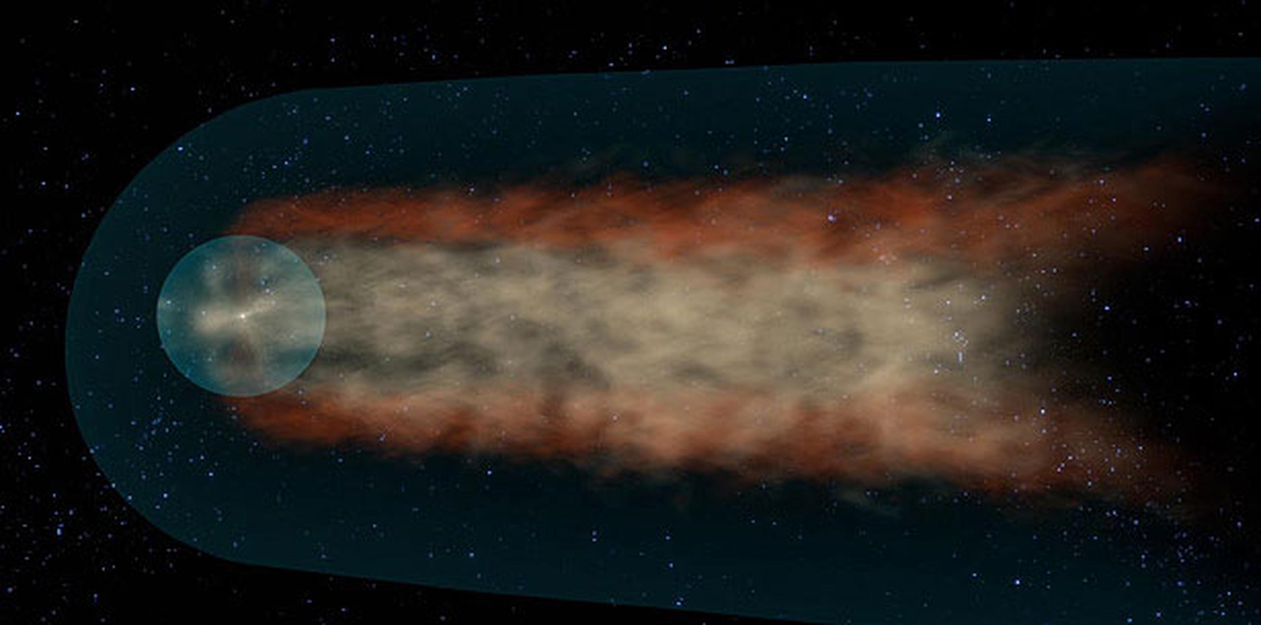 Los científicos difundieron imágenes hoy que muestran la cola que emerge de la región del espacio dominada por la gravedad solar, que incluye el sistema solar y más allá. (AP)