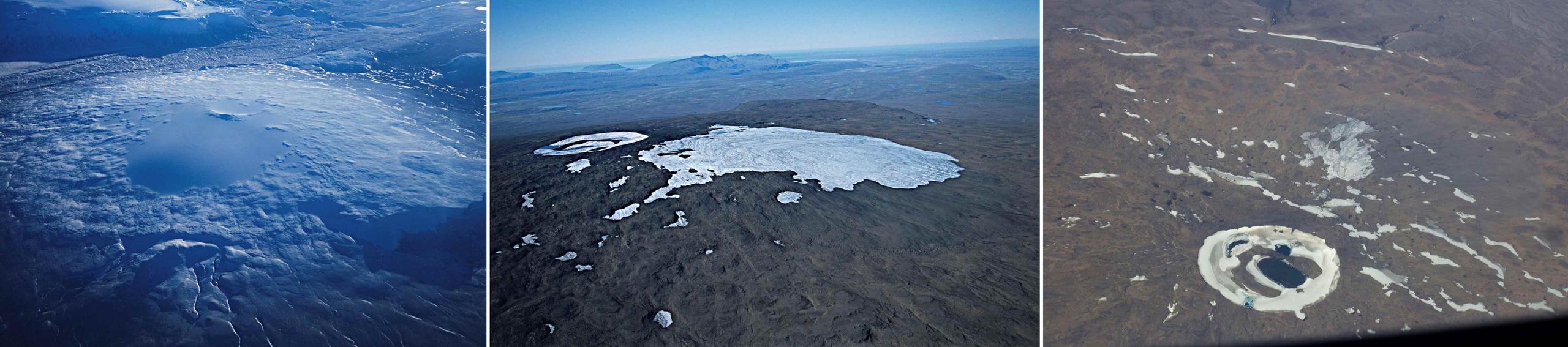 Fotos aéreas del antiguo glaciar Okjökull correspondientes a 1990, 2003 y 2014, cuando se constató que ya no era un glaciar. (EFE)