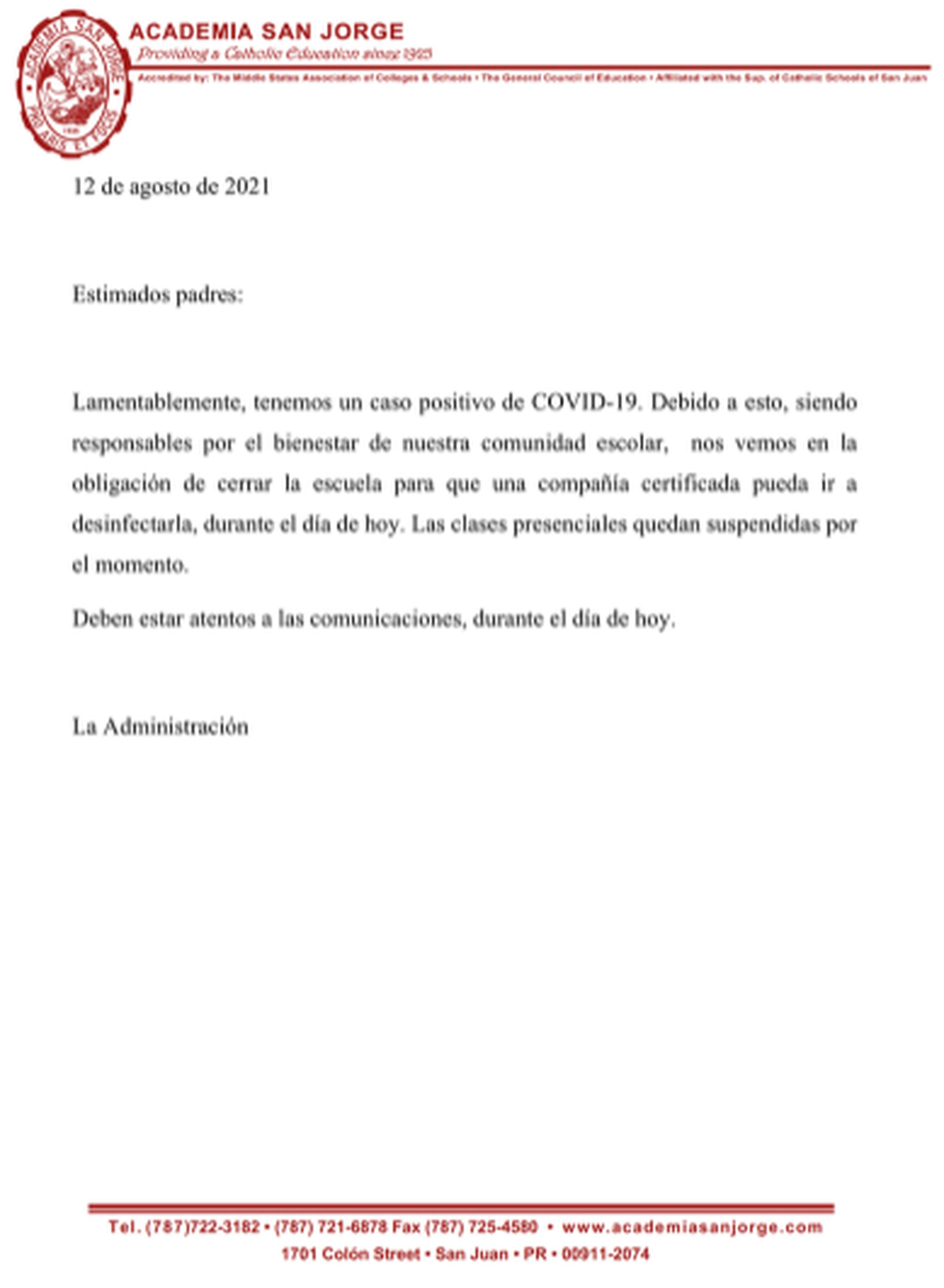 Carta publicada por la Academia San Jorge.