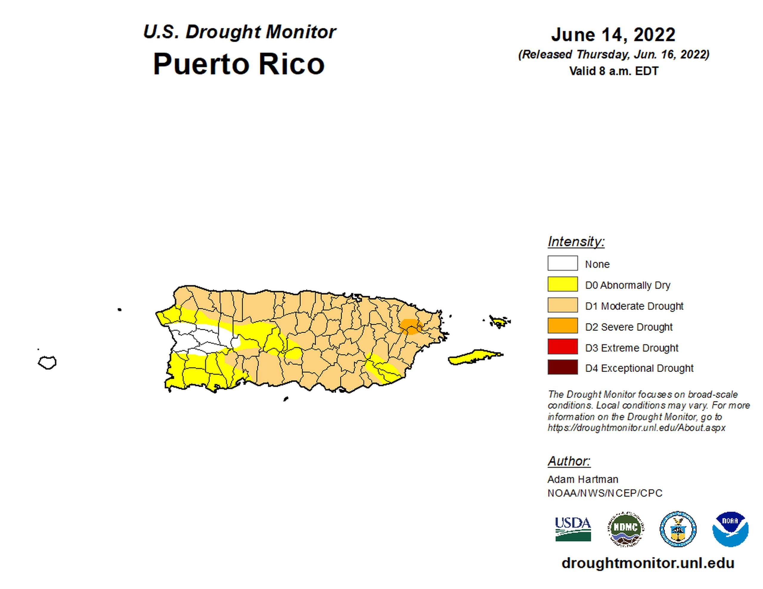 Mapa de la sequía en Puerto Rico publicado el 16 de junio de 2022 con datos del 14 de junio de 2022.