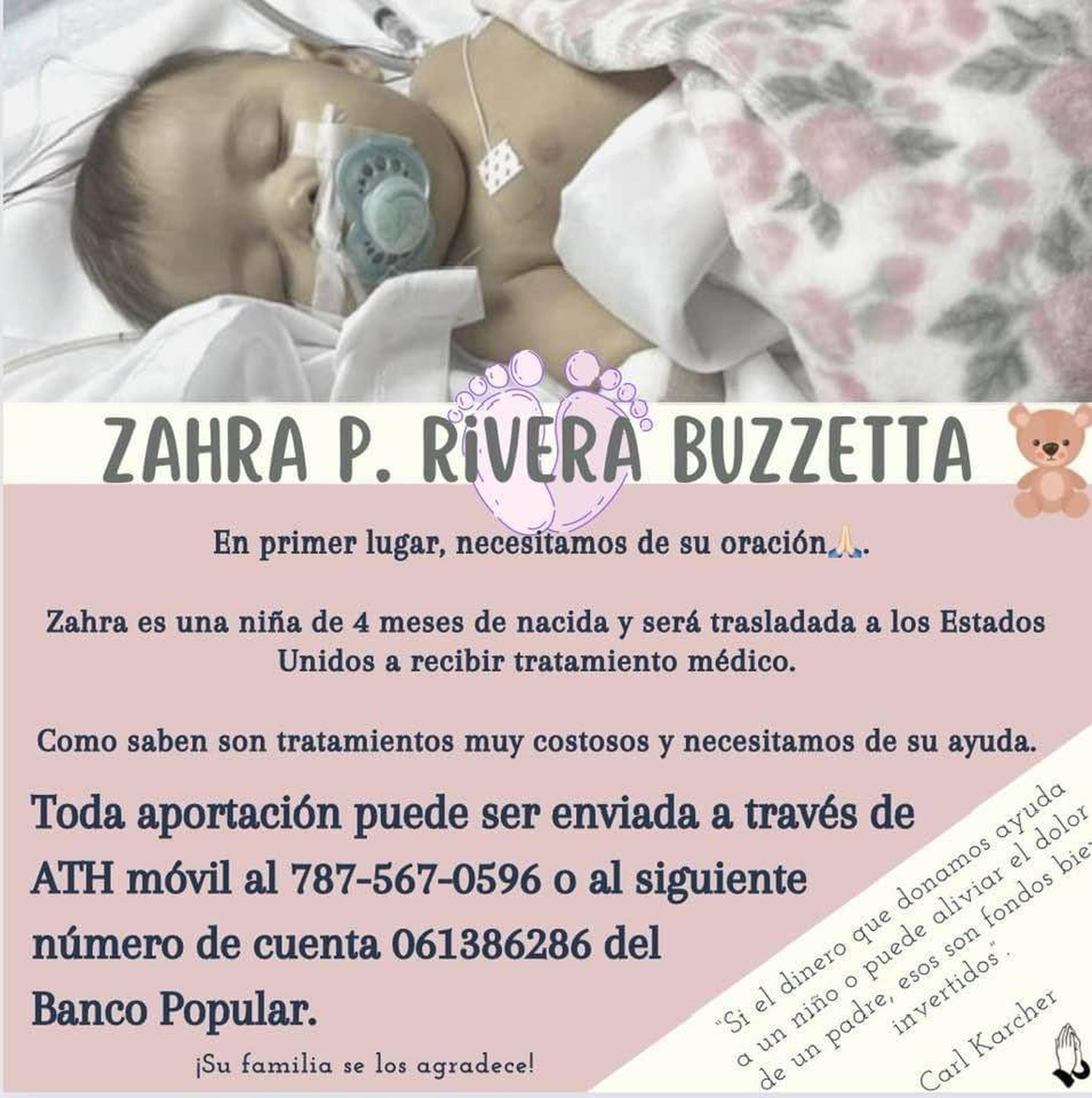 Información para ayudar a la bebé Zahra Penélope.