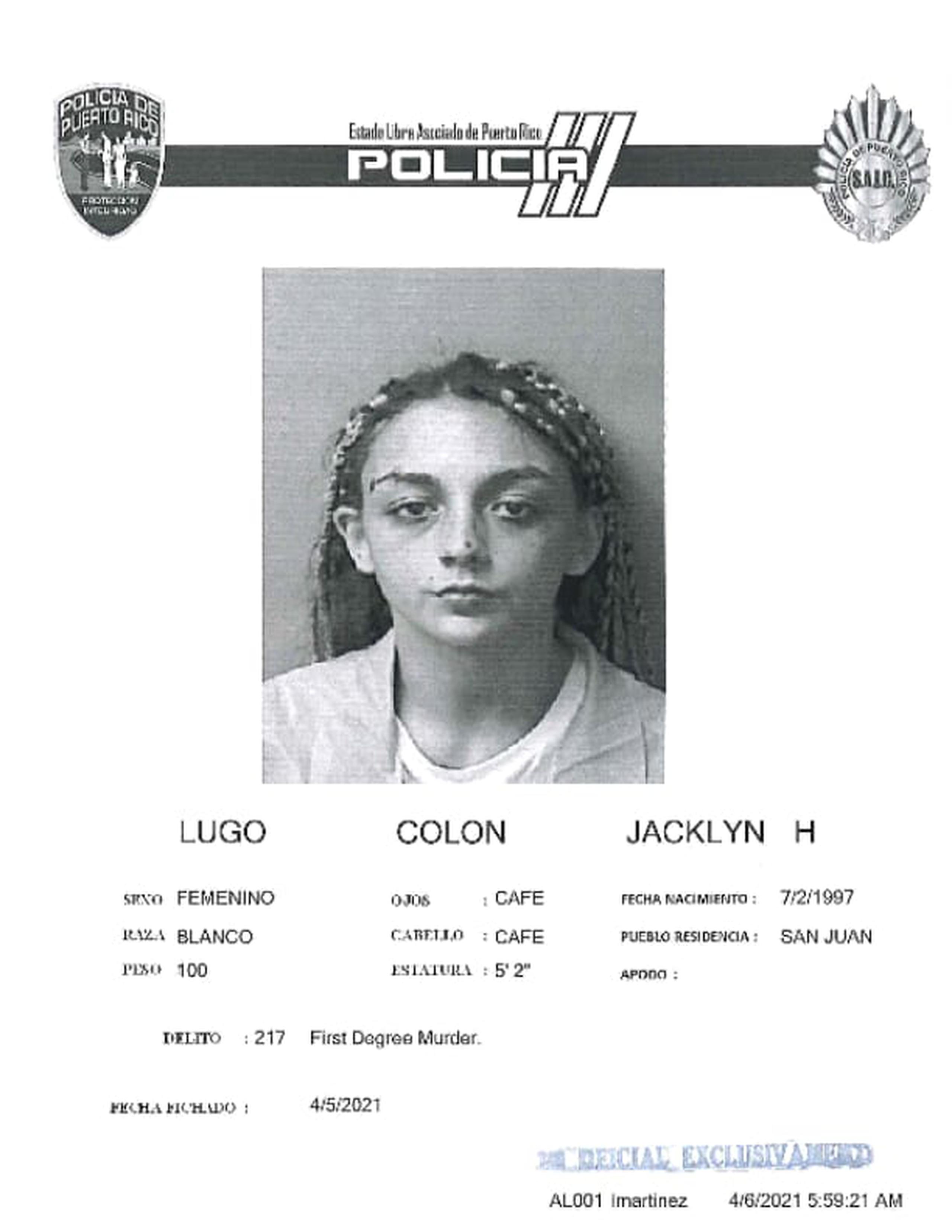 Jacklyn H. Lugo Colón permanece en prisión mientras espera que se dicte sentencia en su contra por el asesinato de una empleada del Motel Yess, y porque se completen otros dos procesos judiciales en su contra.