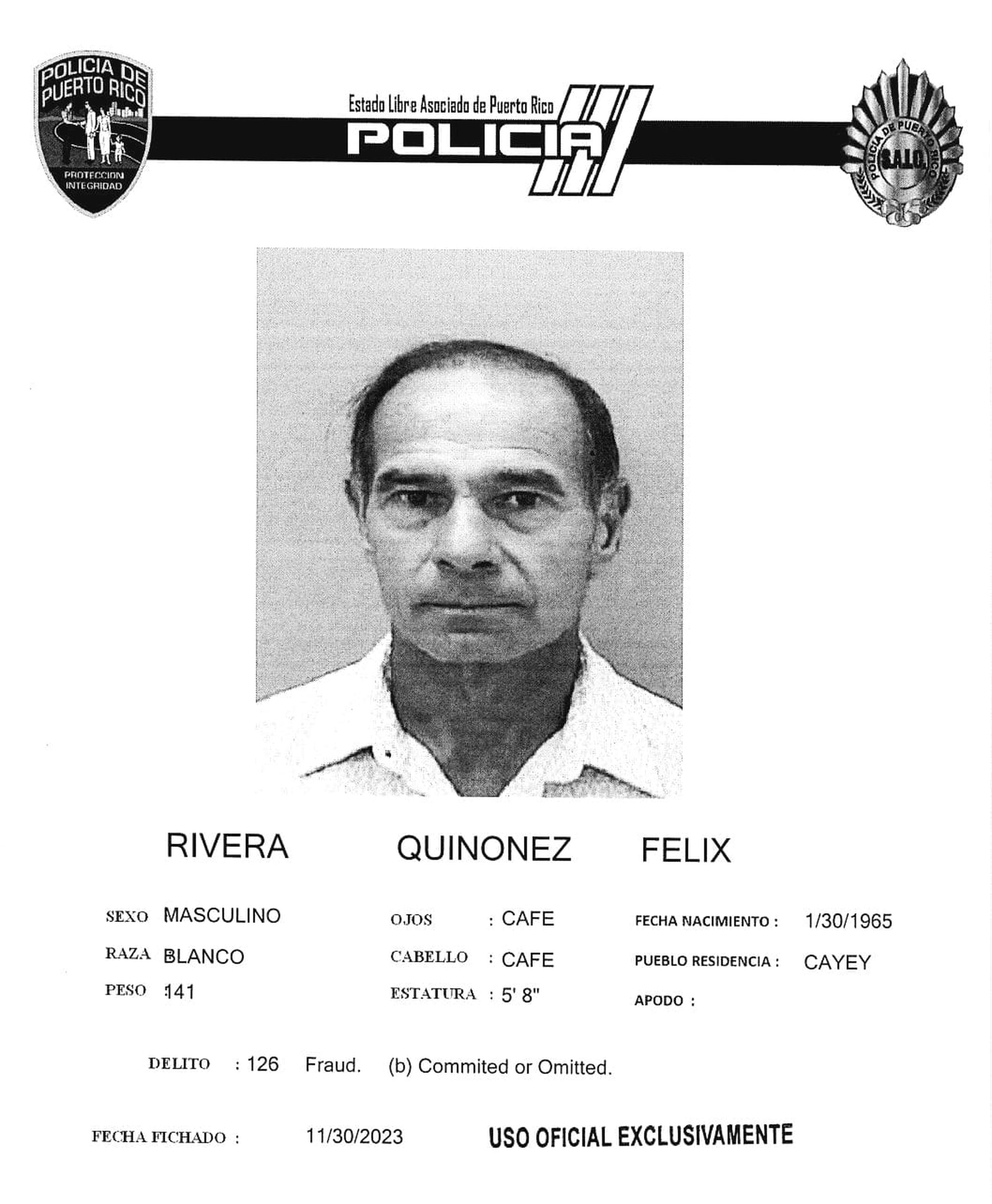 Félix Rivera Quiñones enfrenta cargos por fraude, apropiación ilegal agravada, y uso, posesión o traspaso fraudulento de tarjetas con bandas electrónicas.