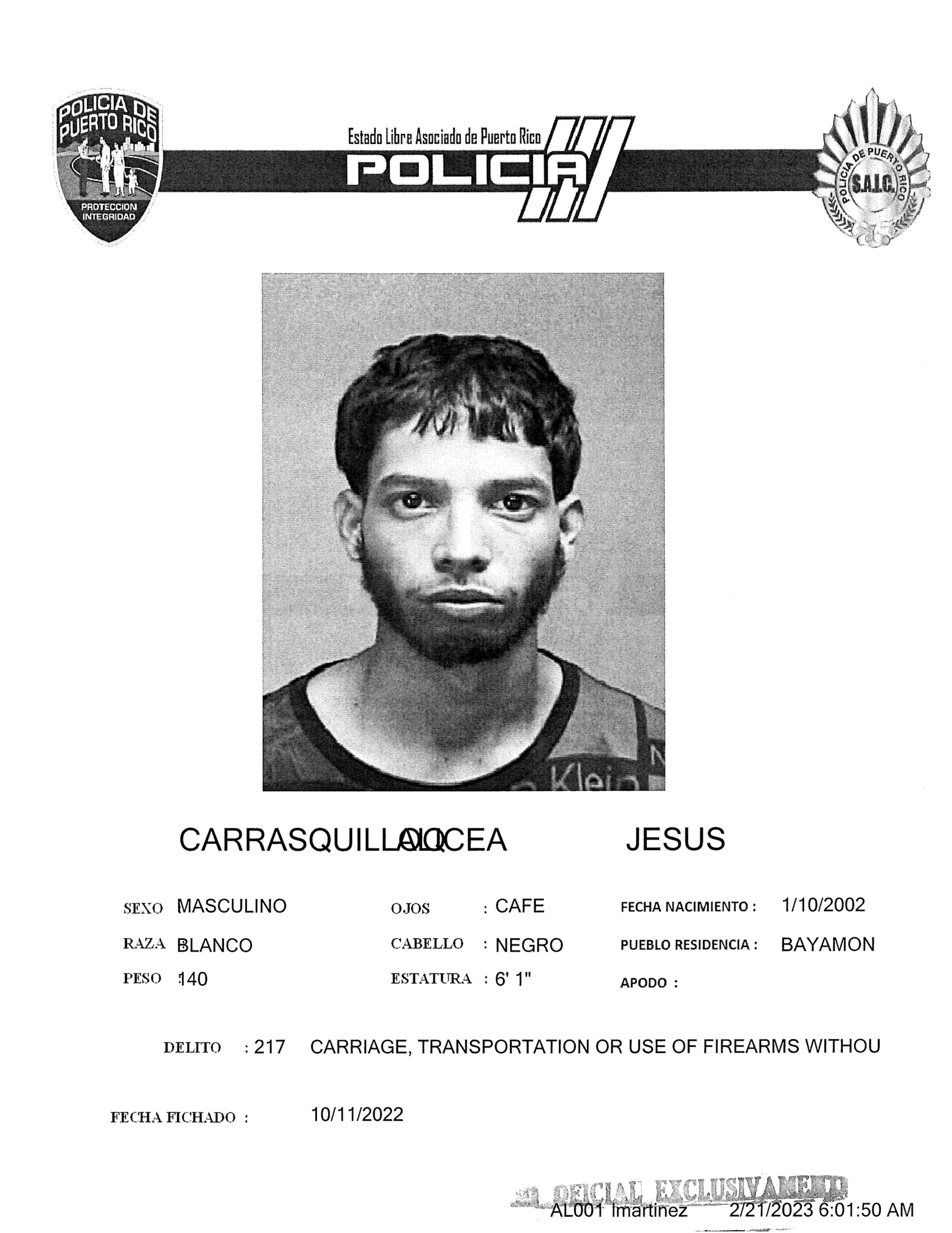 Ficha policíaca de Jesús Carrasquillo Alicea.