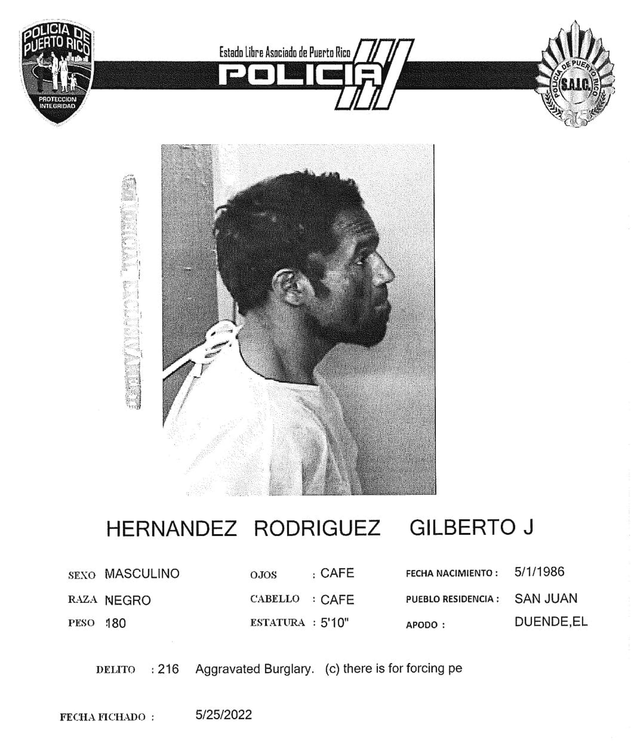 Gilberto J. Hernández Rodríguez, quien posee antecedentes penales, fue ingresado en el complejo correccional de Bayamón.