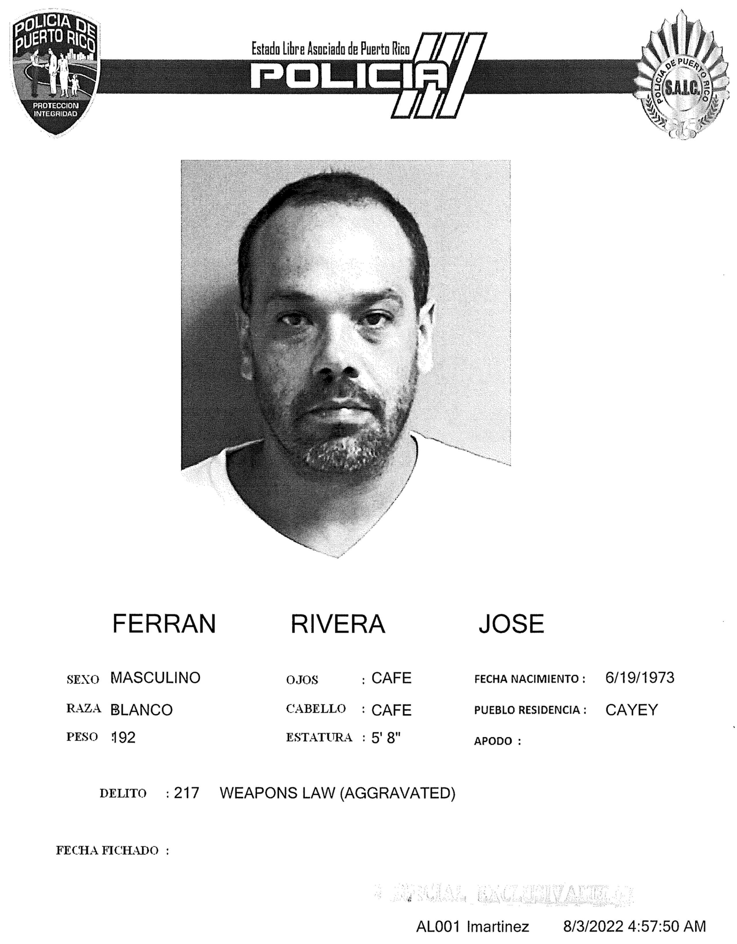 Ficha policial de José Ferrán Rivera, quien fue asesinado en la calle Restituto Dones del sector La Cuatro en Cayey el 2 de agosto de 2022.