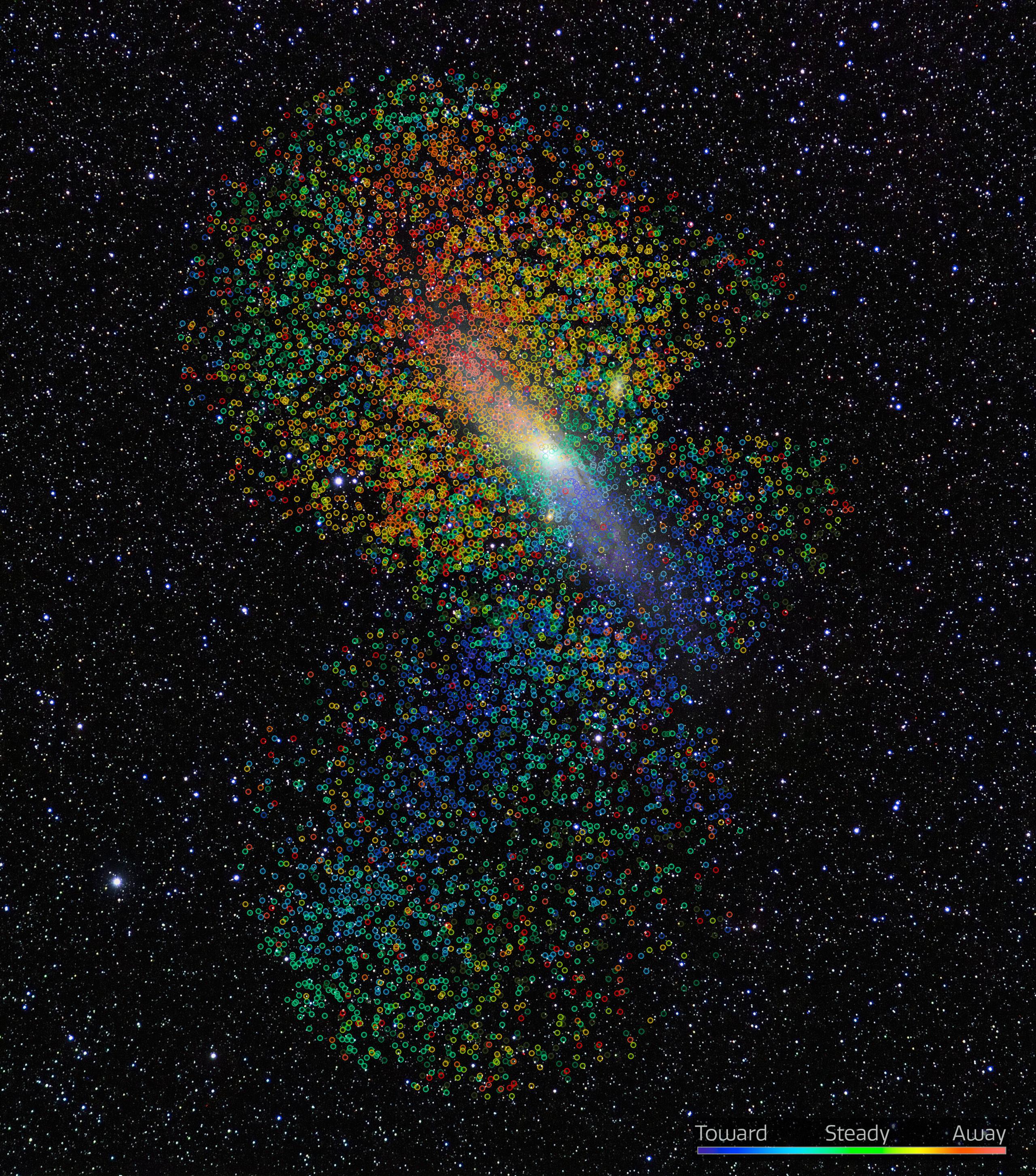 Investigadores han descubierto nuevas "pruebas sorprendentes" de una migración masiva de estrellas a la galaxia de Andrómeda. Cada uno de los puntos en esta imagen representa una estrella individual en la galaxia de Andrómeda, con el movimiento de la estrella (en relación con la galaxia) codificado por colores desde el azul (que se mueve hacia nosotros) al rojo (que se aleja de nosotros). EFE/KPNO/NOIRLab/AURA/NSF/E. Slawik/D. de Martin/M. Zamani
