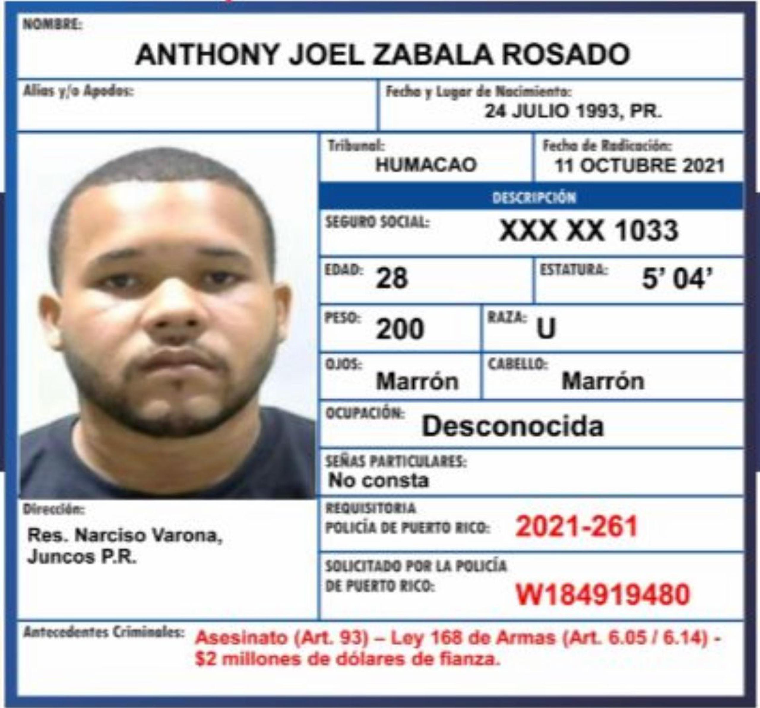 El fugitivo Anthony Joel Zabala Rosado de 29 años, quien figuraba en la lista de Los 12 Más Buscados en la isla, fue capturado en los predios de una farmacia en Vega Alta.