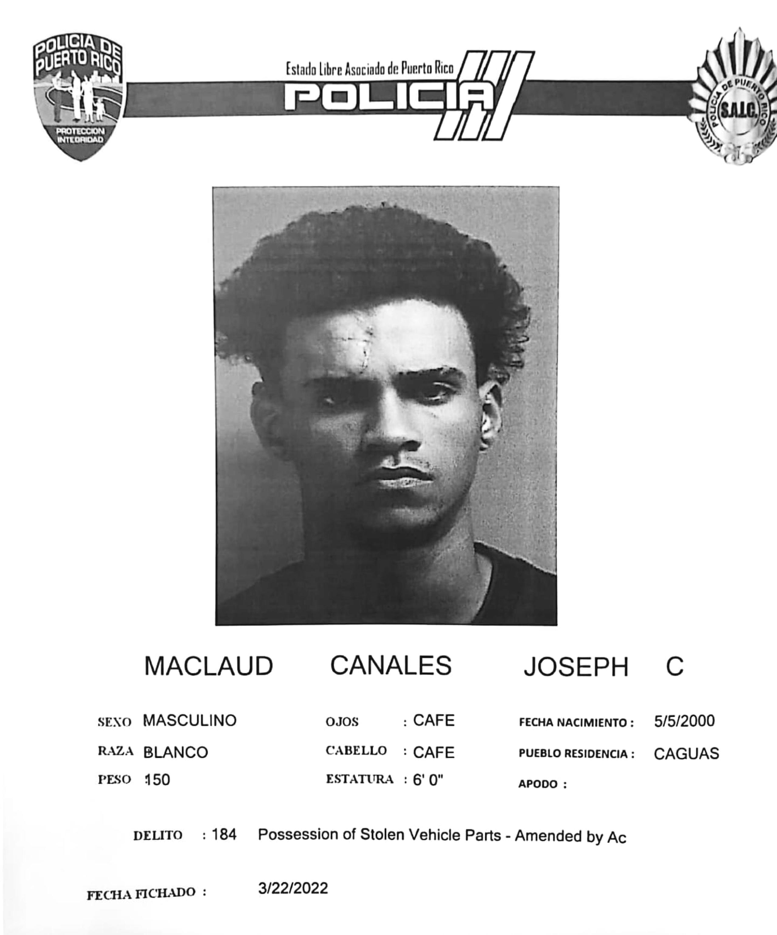 Joseph C. Maclaud Canales fue arrestado junto a otro individuo por la posesión de un vehículo hurtado, entre otros delitos.