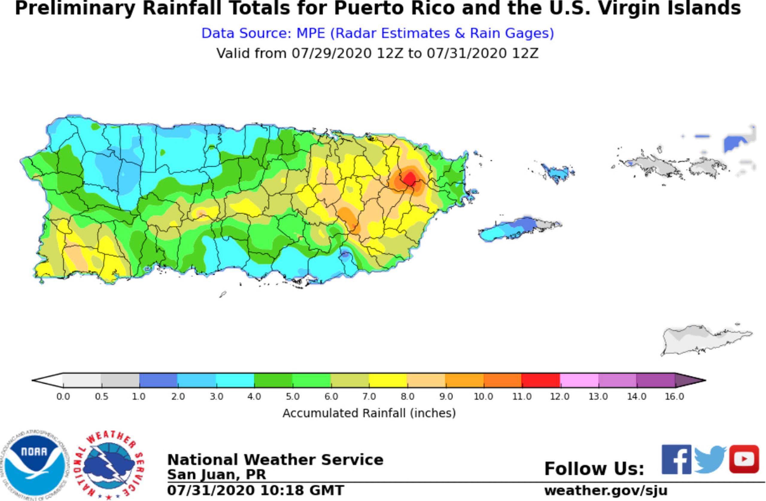 Informe preliminar del Servicio Nacional de Meteorología en San Juan de la lluvia que cayó durante el paso de Isaías.