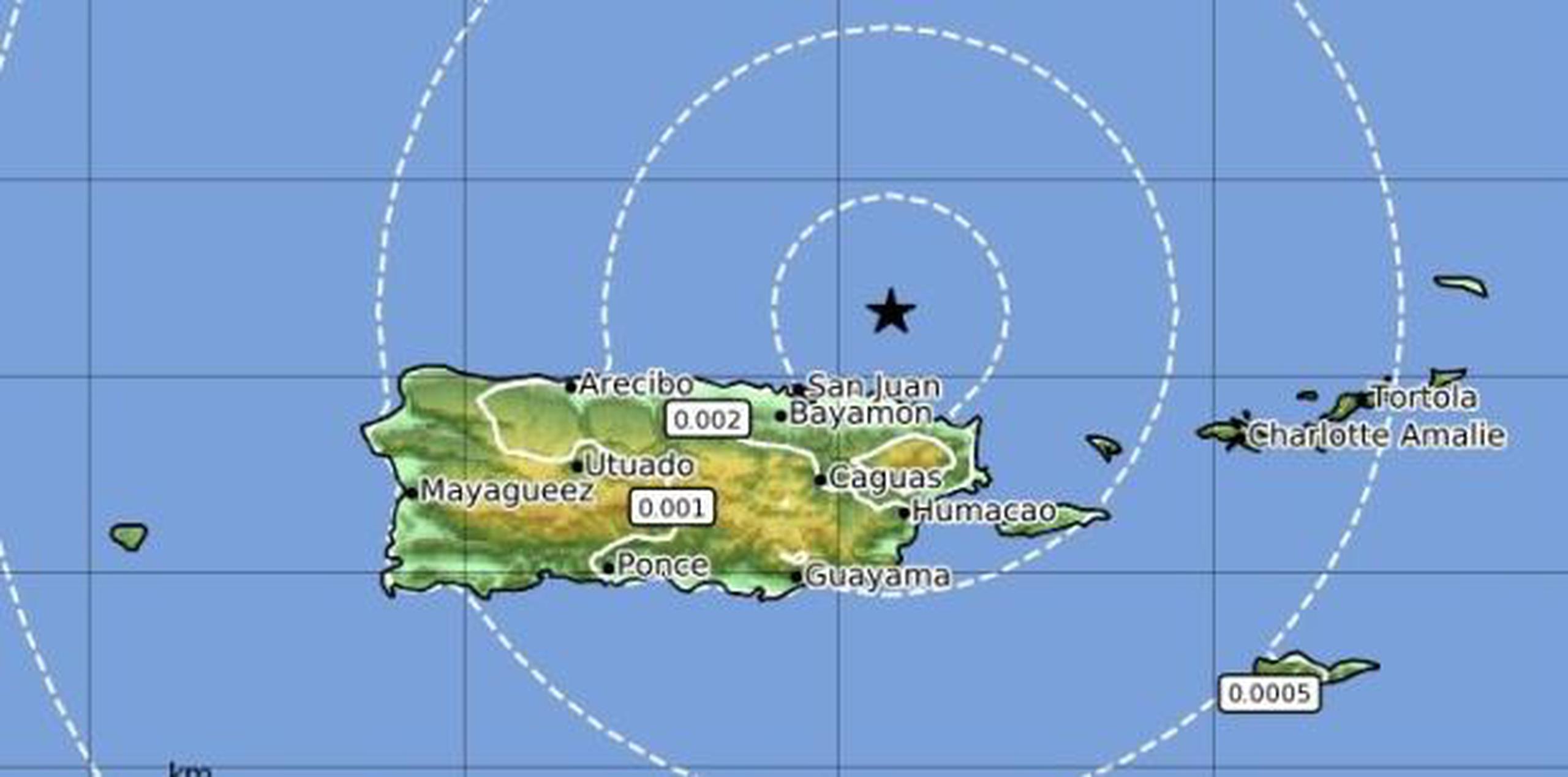 Mapa del sismo de 3.19 grados registrado hoy al norte de la Isla. (Red Sísmica de Puerto Rico)