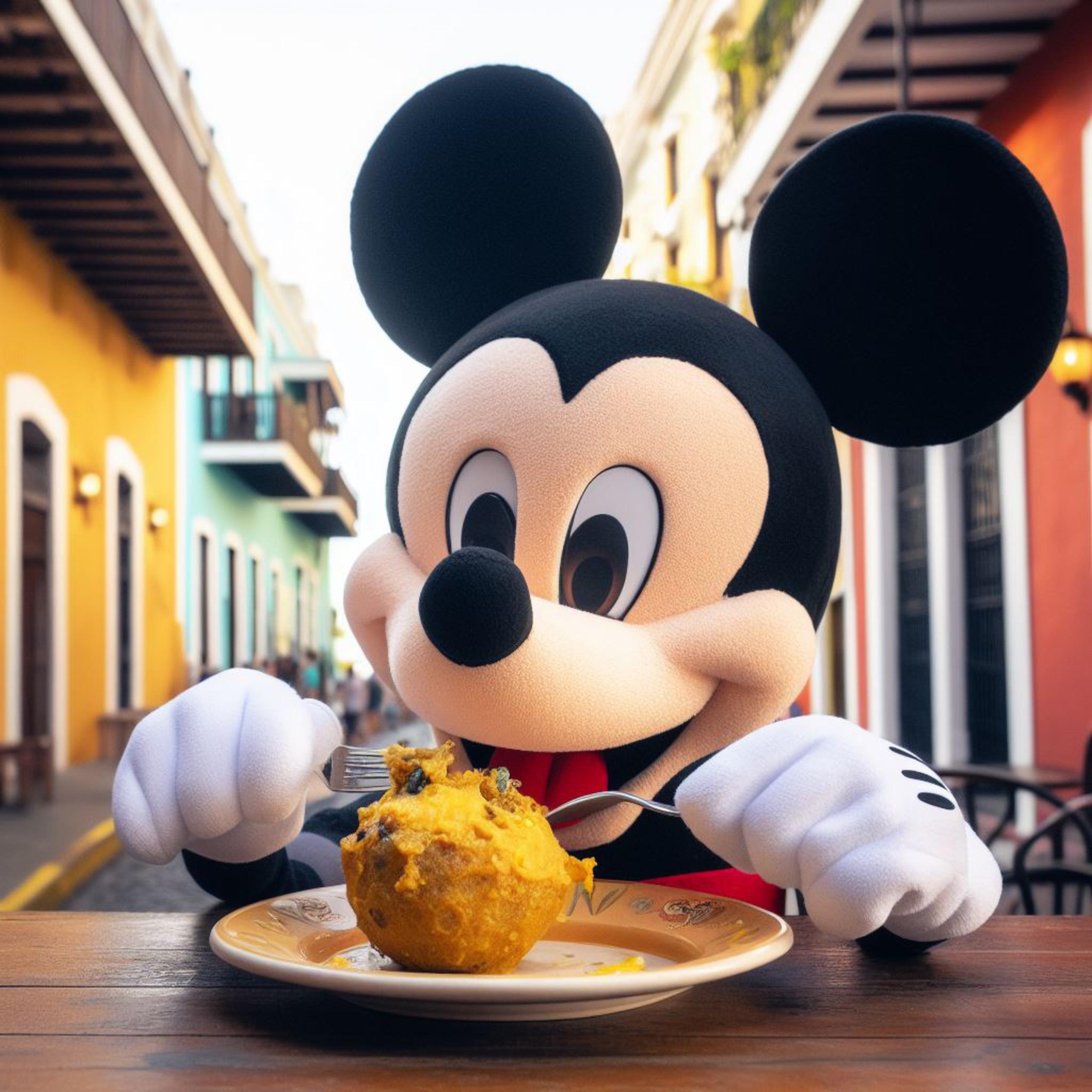 Imágenes producidas con el texto: “Mickey Mouse comiendo mofongo en el Viejo San Juan, Puerto Rico, estilo Disney Pixar”.