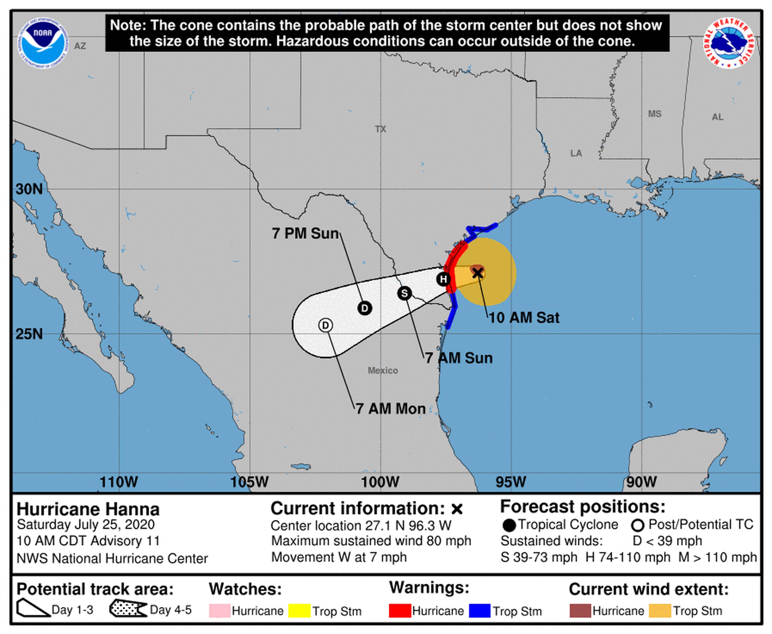 Pronóstico del huracán Hanna emitido a las 11:00 de la mañana.